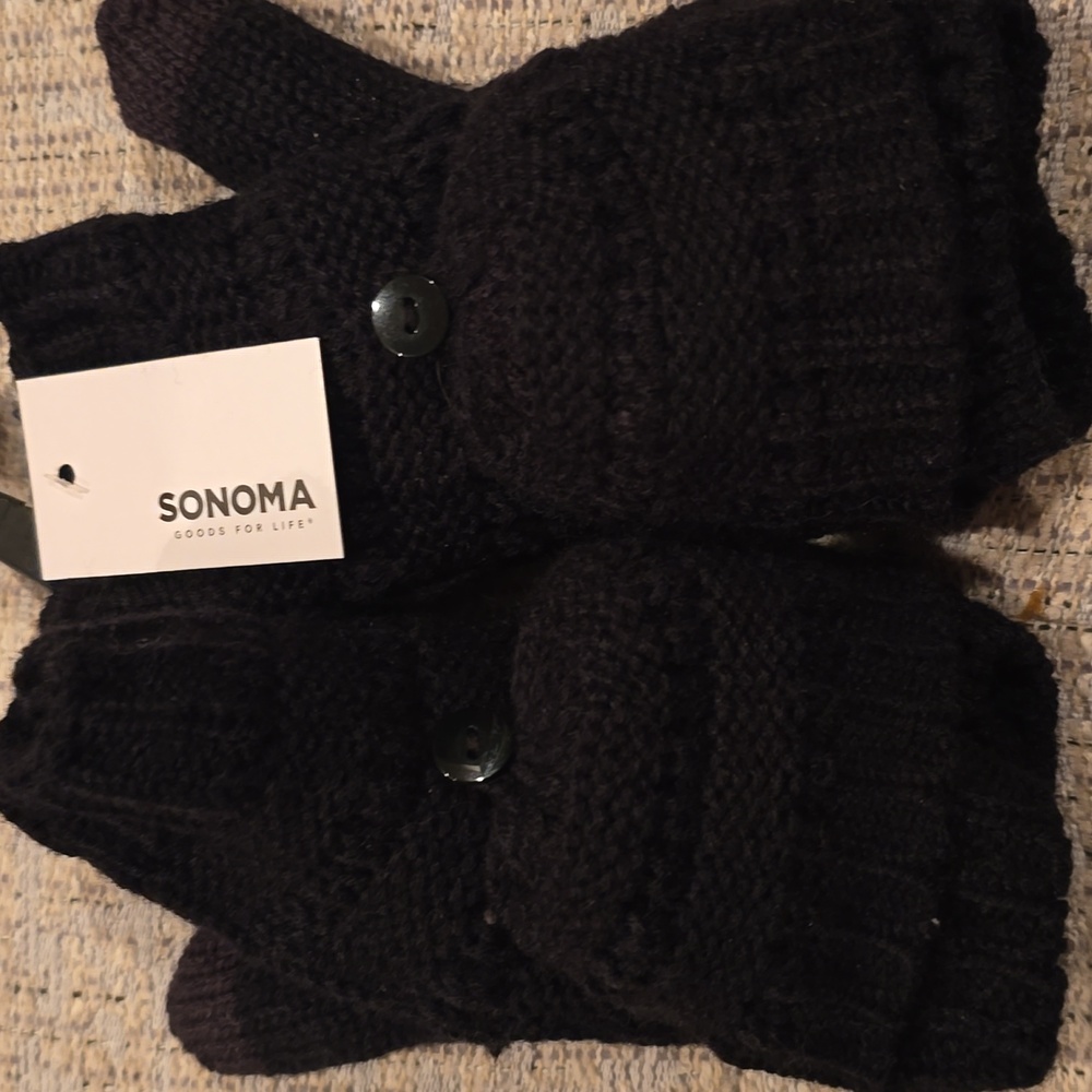 SONOMA BRAND WOMENS BLACK FLIP TOP WARM WINTER MITTENS GLOVES ONE SIZE FITS MOST